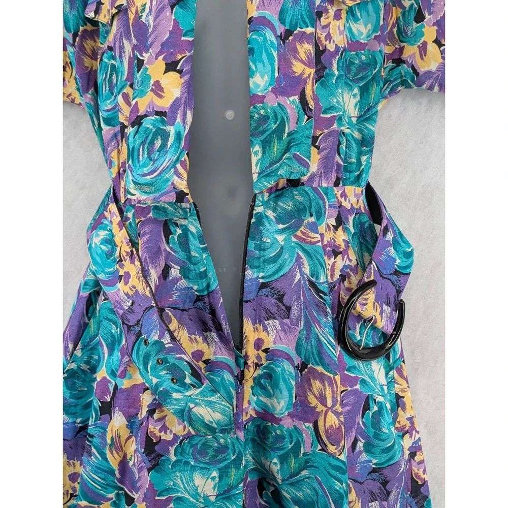 2 VTG Rompers 80s Floral Rayon Belted Fit Flare Pink Blue 7/8 Dolman Sleeve Bold